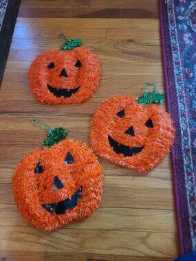 3 VTG Greenbrier Tinsel Pumpkins Hanging Halloween Fall Decor Prop 11"